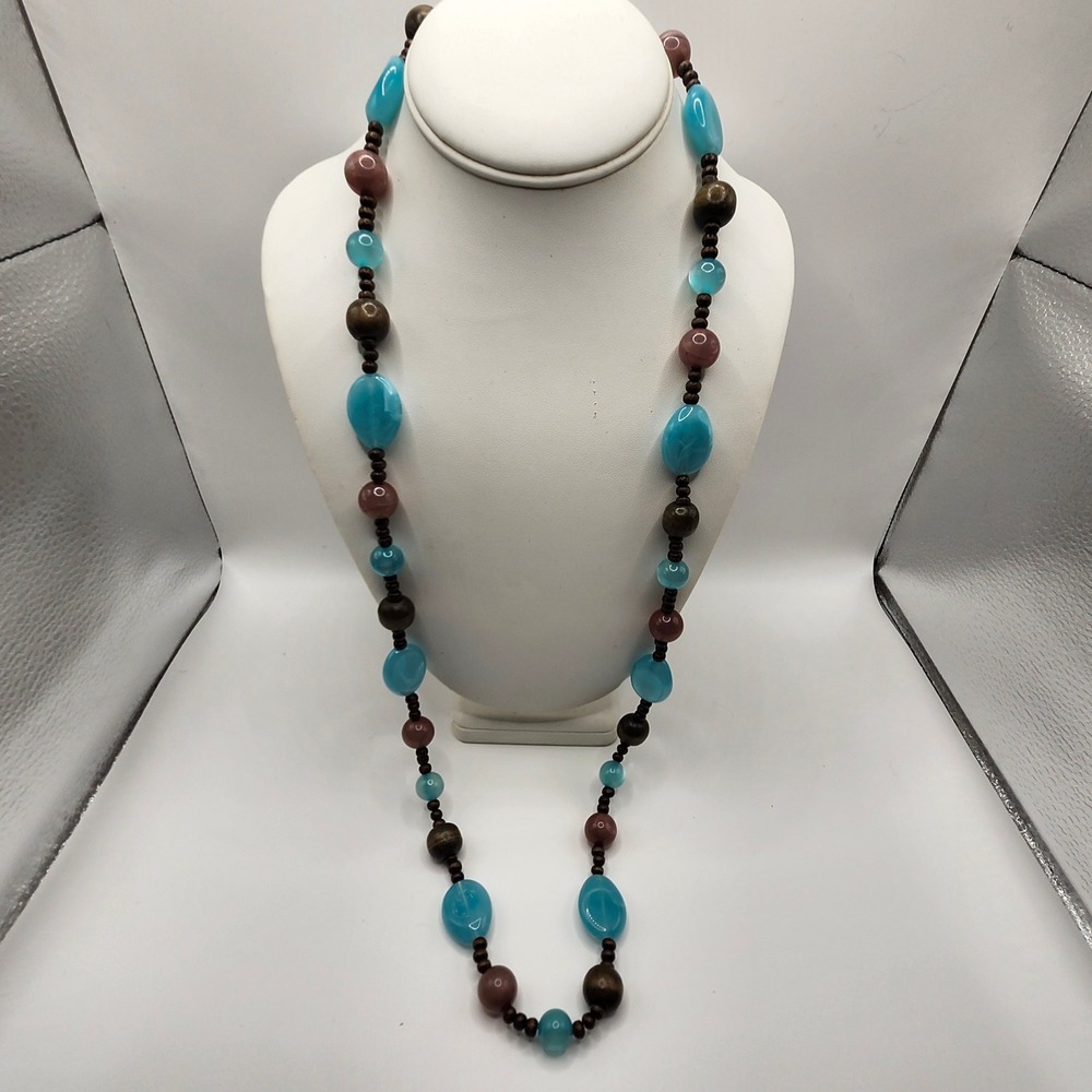 Boho Beaded Necklace Blue Mauve Brown Wood Resin Acrylic Long Strand